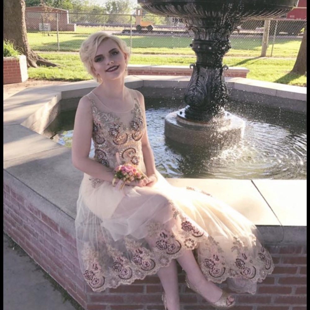 Champagne Embroider Detail Prom Gown